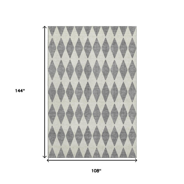HomeRoots 9' X 12' Gray and Ivory Diamond Area Rug - Durable, Washable, UV-Protected for Modern Spaces 650061