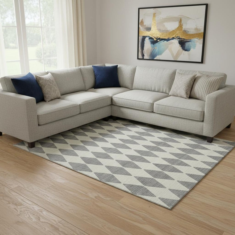 HomeRoots 9' X 12' Gray and Ivory Diamond Area Rug - Durable, Washable, UV-Protected for Modern Spaces 650061