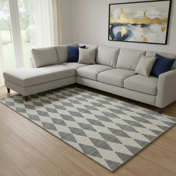 HomeRoots 10' Gray and Ivory Diamond Area Rug - Washable, Stain-Resistant, UV Protected for Family Spaces 650062