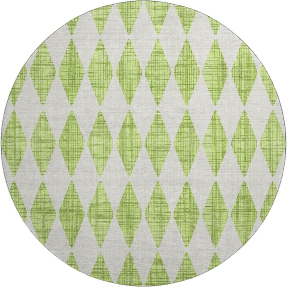 HomeRoots 8' Lime Green & Ivory Diamond Round Rug - Washable, UV-Protected, Stain-Resistant for Busy Homes 650065