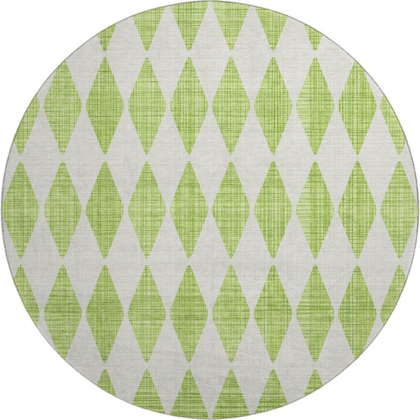 HomeRoots 8' Lime Green & Ivory Diamond Round Rug - Washable, UV-Protected, Stain-Resistant for Busy Homes 650065
