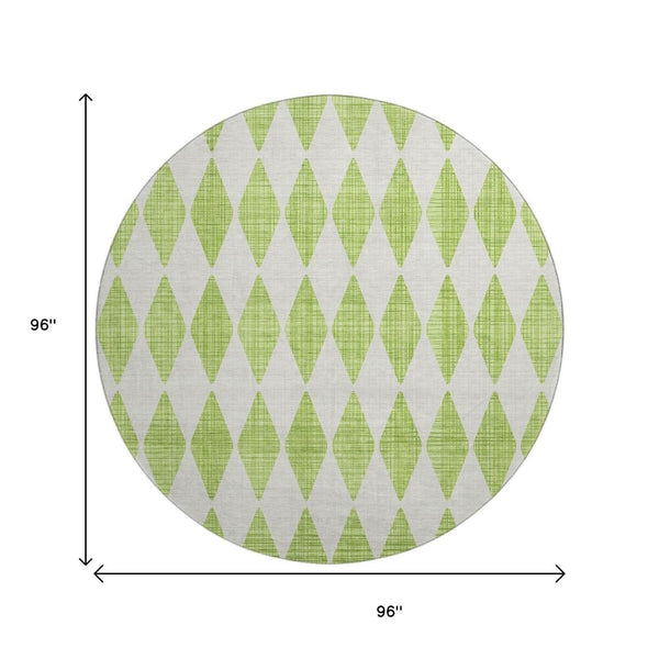 HomeRoots 8' Lime Green & Ivory Diamond Round Rug - Washable, UV-Protected, Stain-Resistant for Busy Homes 650065