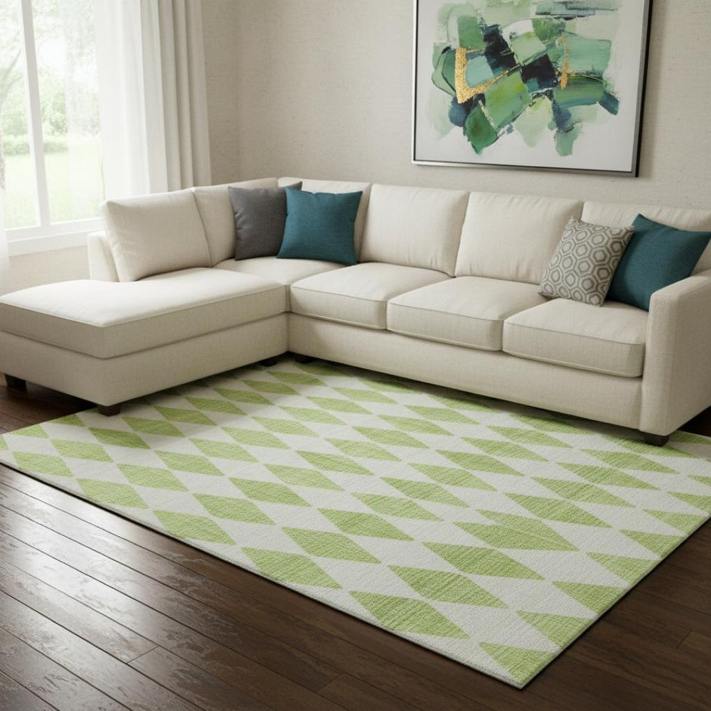 HomeRoots 8' X 10' Stylish Lime Green & Ivory Diamond Area Rug - Washable, UV-Protected, Perfect for Families! 650066