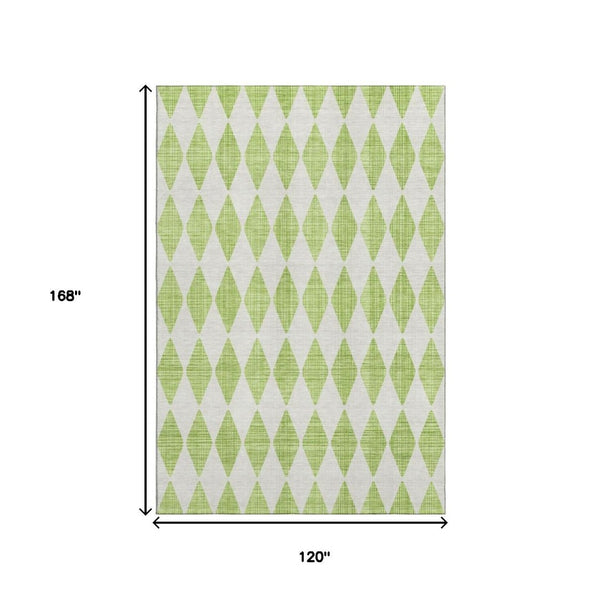 HomeRoots 10' X 14' Lime Green Ivory Diamond Area Rug - Washable, UV Protected, Stain Resistant for Busy Homes 650068