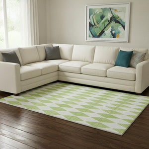 HomeRoots 10' X 14' Lime Green Ivory Diamond Area Rug - Washable, UV Protected, Stain Resistant for Busy Homes 650068