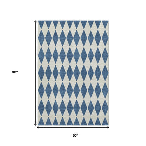 HomeRoots 5' X 8' Navy Blue & Ivory Diamond Area Rug - Washable, Stain-Resistant, UV Protected for Any Room 650070
