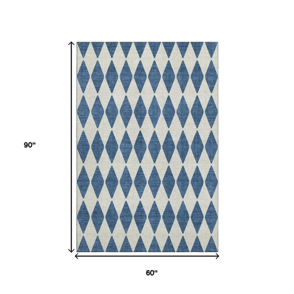HomeRoots 5' X 8' Navy Blue & Ivory Diamond Area Rug - Washable, Stain-Resistant, UV Protected for Any Room 650070
