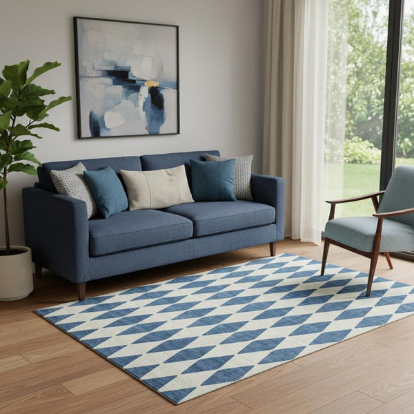HomeRoots 5' X 8' Navy Blue & Ivory Diamond Area Rug - Washable, Stain-Resistant, UV Protected for Any Room 650070