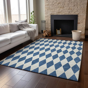 HomeRoots 5' X 8' Navy Blue & Ivory Diamond Area Rug - Washable, Stain-Resistant, UV Protected for Any Room 650070