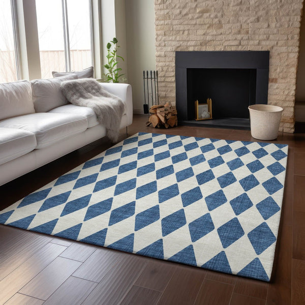 HomeRoots 5' X 8' Navy Blue & Ivory Diamond Area Rug - Washable, Stain-Resistant, UV Protected for Any Room 650070