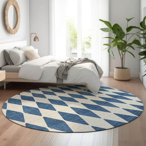 HomeRoots 8' Navy Blue Ivory Diamond Washable Round Rug - Stain-Resistant, UV Protected for Modern Homes 650071