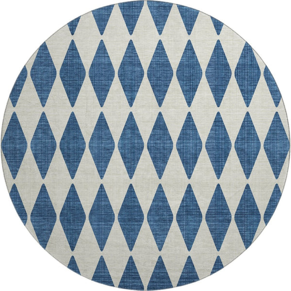 HomeRoots 8' Navy Blue Ivory Diamond Washable Round Rug - Stain-Resistant, UV Protected for Modern Homes 650071