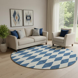 HomeRoots 8' Navy Blue Ivory Diamond Washable Round Rug - Stain-Resistant, UV Protected for Modern Homes 650071