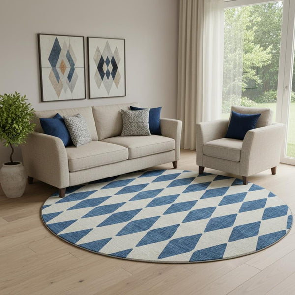 HomeRoots 8' Navy Blue Ivory Diamond Washable Round Rug - Stain-Resistant, UV Protected for Modern Homes 650071