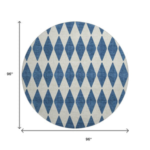 HomeRoots 8' Navy Blue Ivory Diamond Washable Round Rug - Stain-Resistant, UV Protected for Modern Homes 650071