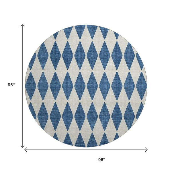 HomeRoots 8' Navy Blue Ivory Diamond Washable Round Rug - Stain-Resistant, UV Protected for Modern Homes 650071