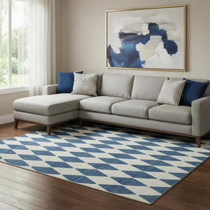 HomeRoots 8' X 10' Navy Blue & Ivory Diamond Area Rug - Durable, Washable, Stain Resistant with UV Protection 650072