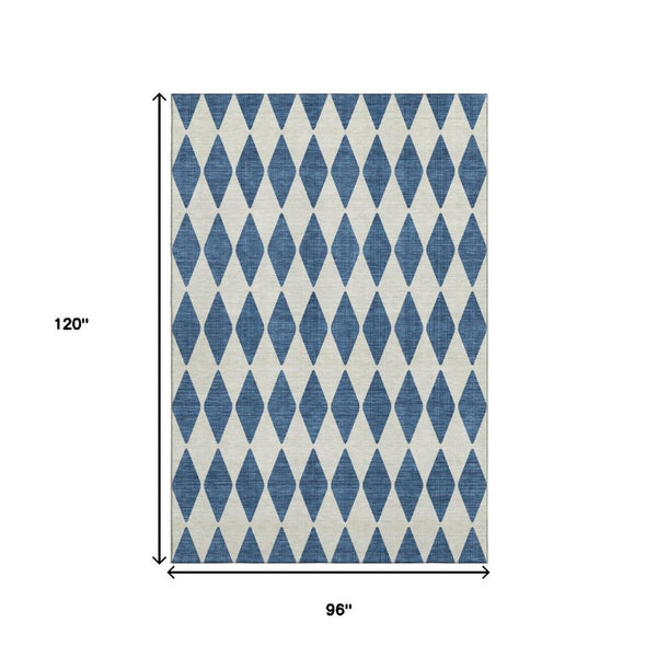 HomeRoots 8' X 10' Navy Blue & Ivory Diamond Area Rug - Durable, Washable, Stain Resistant with UV Protection 650072