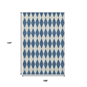 HomeRoots 9' X 12' Navy Blue & Ivory Diamond Area Rug – Washable, UV-Protected, Stain-Resistant for Homes 650073