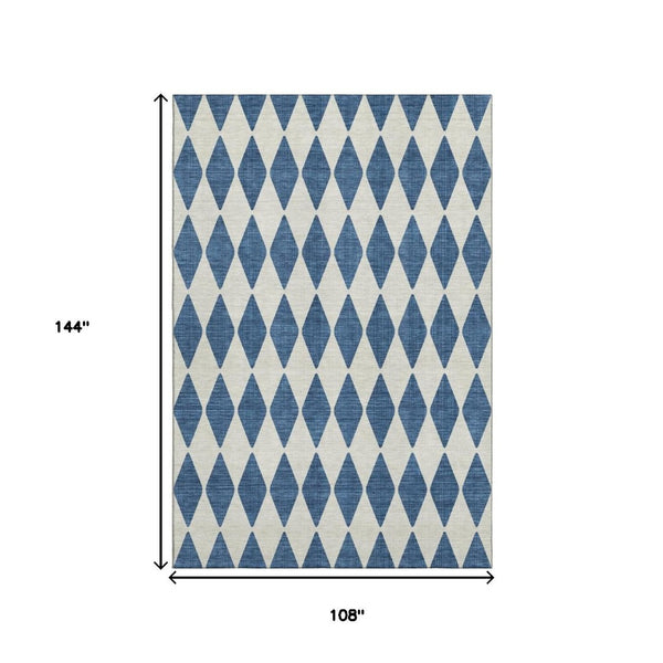 HomeRoots 9' X 12' Navy Blue & Ivory Diamond Area Rug – Washable, UV-Protected, Stain-Resistant for Homes 650073