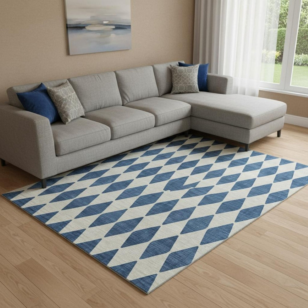HomeRoots 9' X 12' Navy Blue & Ivory Diamond Area Rug – Washable, UV-Protected, Stain-Resistant for Homes 650073