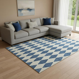 HomeRoots 10' Navy Blue & Ivory Diamond Area Rug – Washable, UV-Protected, Stain-Resistant for Busy Homes 650074