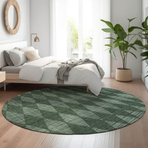 HomeRoots 8' Olive Green & Ivory Diamond Washable Round Rug - Durable, UV-Protected, Easy-Care Style for Any Room 650077