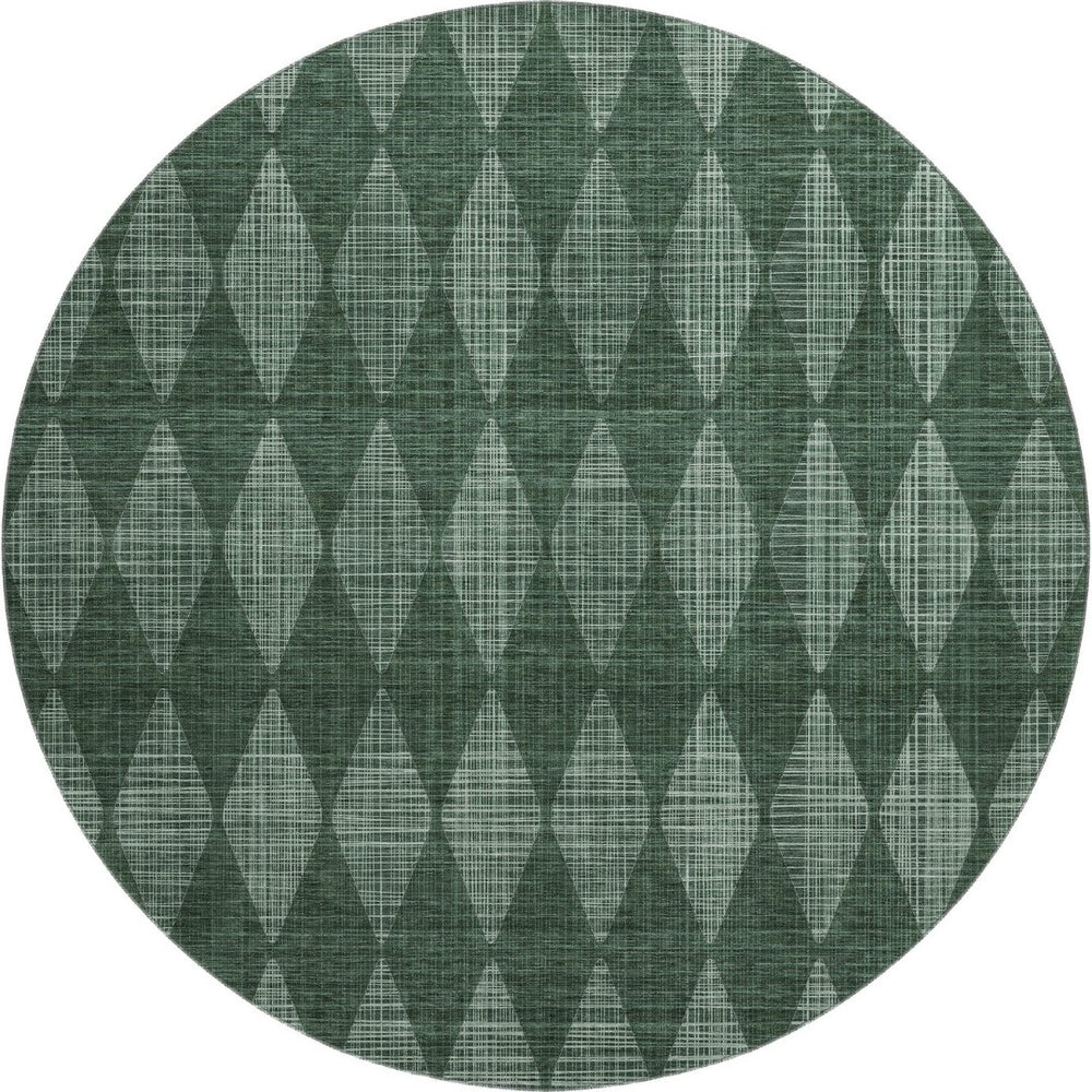 HomeRoots 8' Olive Green & Ivory Diamond Washable Round Rug - Durable, UV-Protected, Easy-Care Style for Any Room 650077