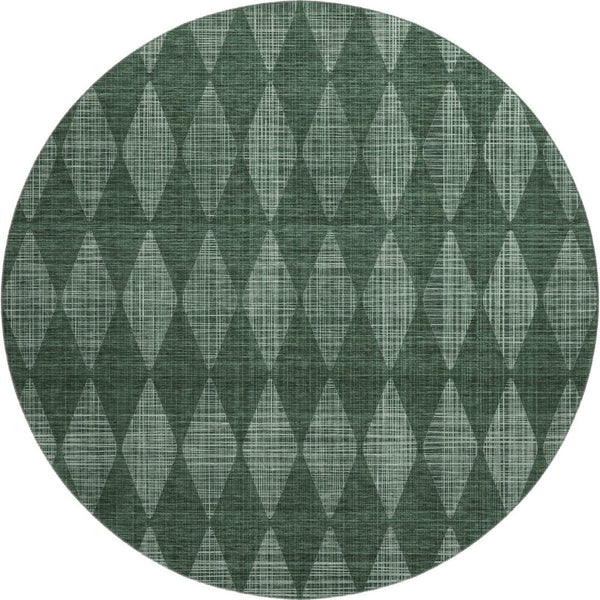 HomeRoots 8' Olive Green & Ivory Diamond Washable Round Rug - Durable, UV-Protected, Easy-Care Style for Any Room 650077