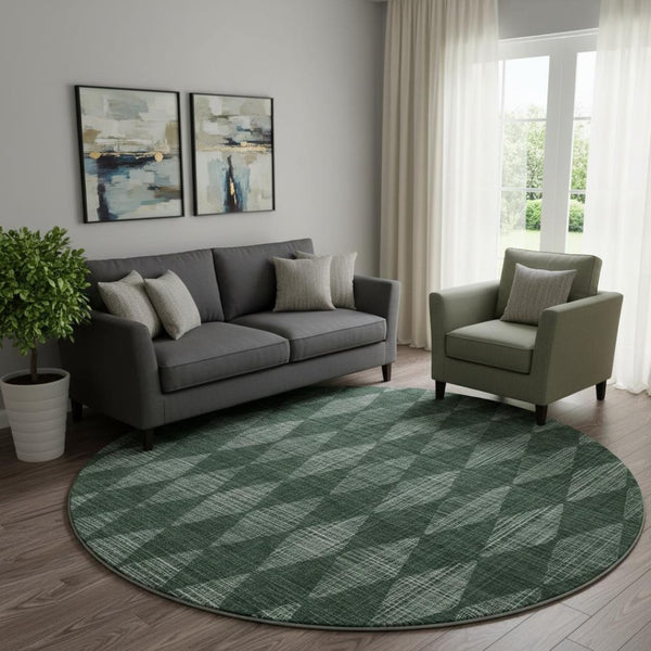 HomeRoots 8' Olive Green & Ivory Diamond Washable Round Rug - Durable, UV-Protected, Easy-Care Style for Any Room 650077