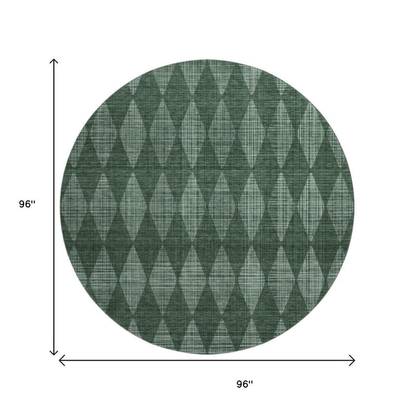 HomeRoots 8' Olive Green & Ivory Diamond Washable Round Rug - Durable, UV-Protected, Easy-Care Style for Any Room 650077