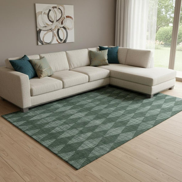 HomeRoots 8' X 10' Olive Green & Ivory Diamond Area Rug - Washable, UV Protected, Durable for Homes with Kids & Pets 650078