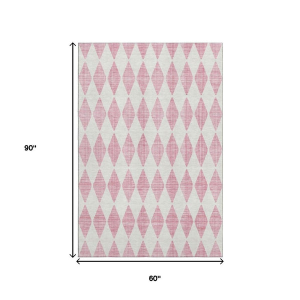HomeRoots 5' X 8' Pink And Ivory Diamond Area Rug - Stylish, Washable, UV-Protected for Modern Homes & Playrooms 650082