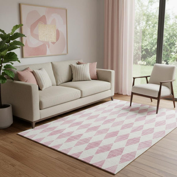 HomeRoots 5' X 8' Pink And Ivory Diamond Area Rug - Stylish, Washable, UV-Protected for Modern Homes & Playrooms 650082