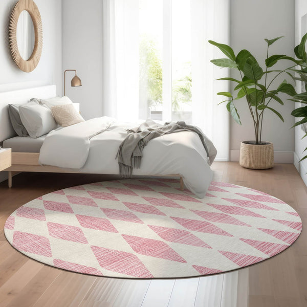HomeRoots 8' Pink and Ivory Diamond Washable Round Rug - Durable, UV Protected, Stylish for High-Traffic Areas 650083