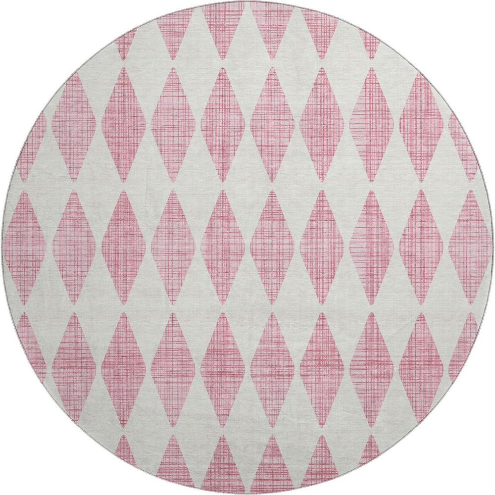 HomeRoots 8' Pink and Ivory Diamond Washable Round Rug - Durable, UV Protected, Stylish for High-Traffic Areas 650083