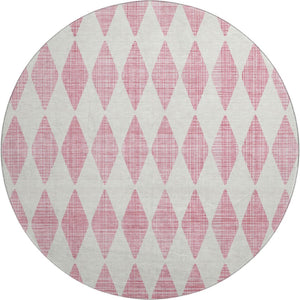 HomeRoots 8' Pink and Ivory Diamond Washable Round Rug - Durable, UV Protected, Stylish for High-Traffic Areas 650083