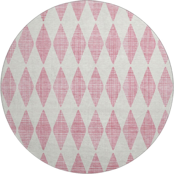 HomeRoots 8' Pink and Ivory Diamond Washable Round Rug - Durable, UV Protected, Stylish for High-Traffic Areas 650083