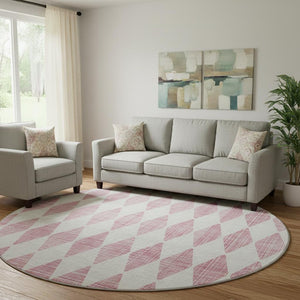 HomeRoots 8' Pink and Ivory Diamond Washable Round Rug - Durable, UV Protected, Stylish for High-Traffic Areas 650083
