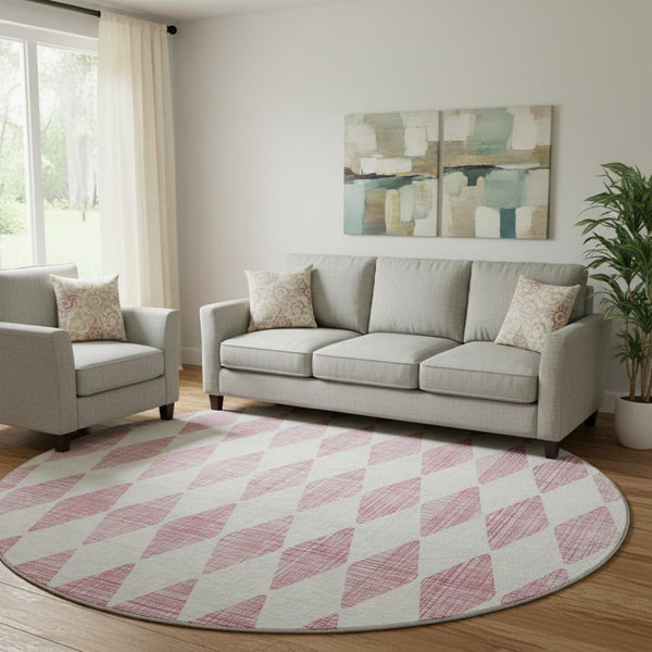 HomeRoots 8' Pink and Ivory Diamond Washable Round Rug - Durable, UV Protected, Stylish for High-Traffic Areas 650083