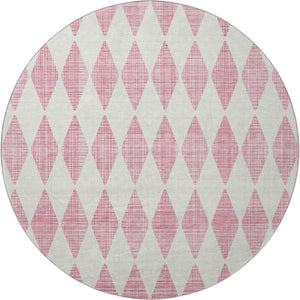HomeRoots 8' Pink and Ivory Diamond Washable Round Rug - Durable, UV Protected, Stylish for High-Traffic Areas 650083
