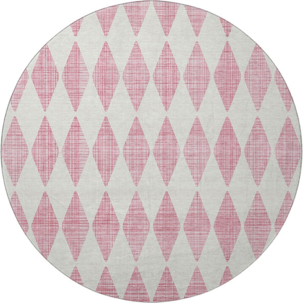 HomeRoots 8' Pink and Ivory Diamond Washable Round Rug - Durable, UV Protected, Stylish for High-Traffic Areas 650083