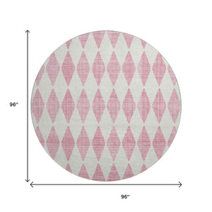 HomeRoots 8' Pink and Ivory Diamond Washable Round Rug - Durable, UV Protected, Stylish for High-Traffic Areas 650083