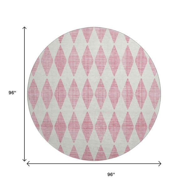HomeRoots 8' Pink and Ivory Diamond Washable Round Rug - Durable, UV Protected, Stylish for High-Traffic Areas 650083
