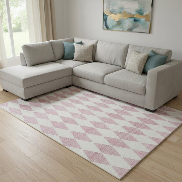 HomeRoots 8' X 10' Pink And Ivory Diamond Area Rug - Washable, UV Protected, Durable & Stylish for Any Room 650084