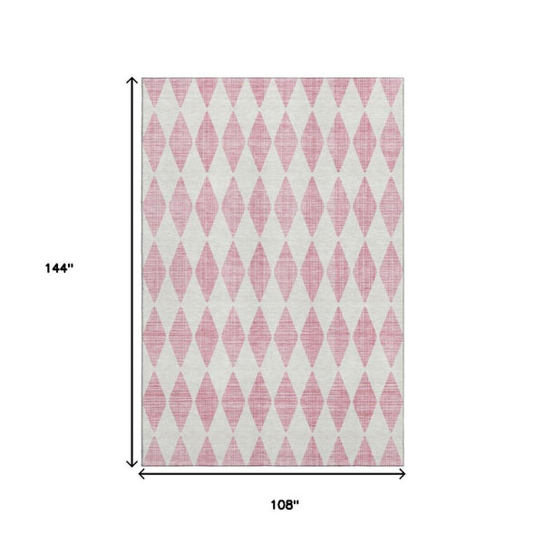 HomeRoots 9' X 12' Pink And Ivory Diamond Area Rug – Stylish, Washable, UV-Protected, and Stain-Resistant! 650085