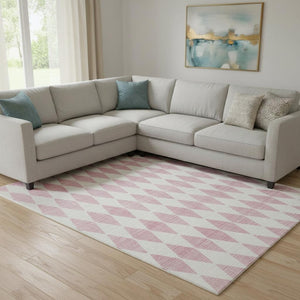 HomeRoots 9' X 12' Pink And Ivory Diamond Area Rug – Stylish, Washable, UV-Protected, and Stain-Resistant! 650085