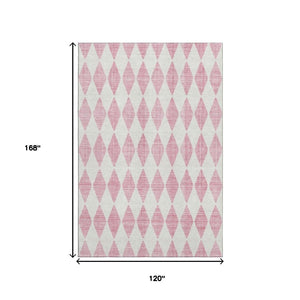 HomeRoots 10' X 14' Pink and Ivory Diamond Area Rug - Durable, Washable, UV Protected for Family Spaces 650086