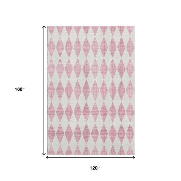 HomeRoots 10' X 14' Pink and Ivory Diamond Area Rug - Durable, Washable, UV Protected for Family Spaces 650086