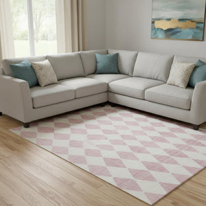 HomeRoots 10' X 14' Pink and Ivory Diamond Area Rug - Durable, Washable, UV Protected for Family Spaces 650086